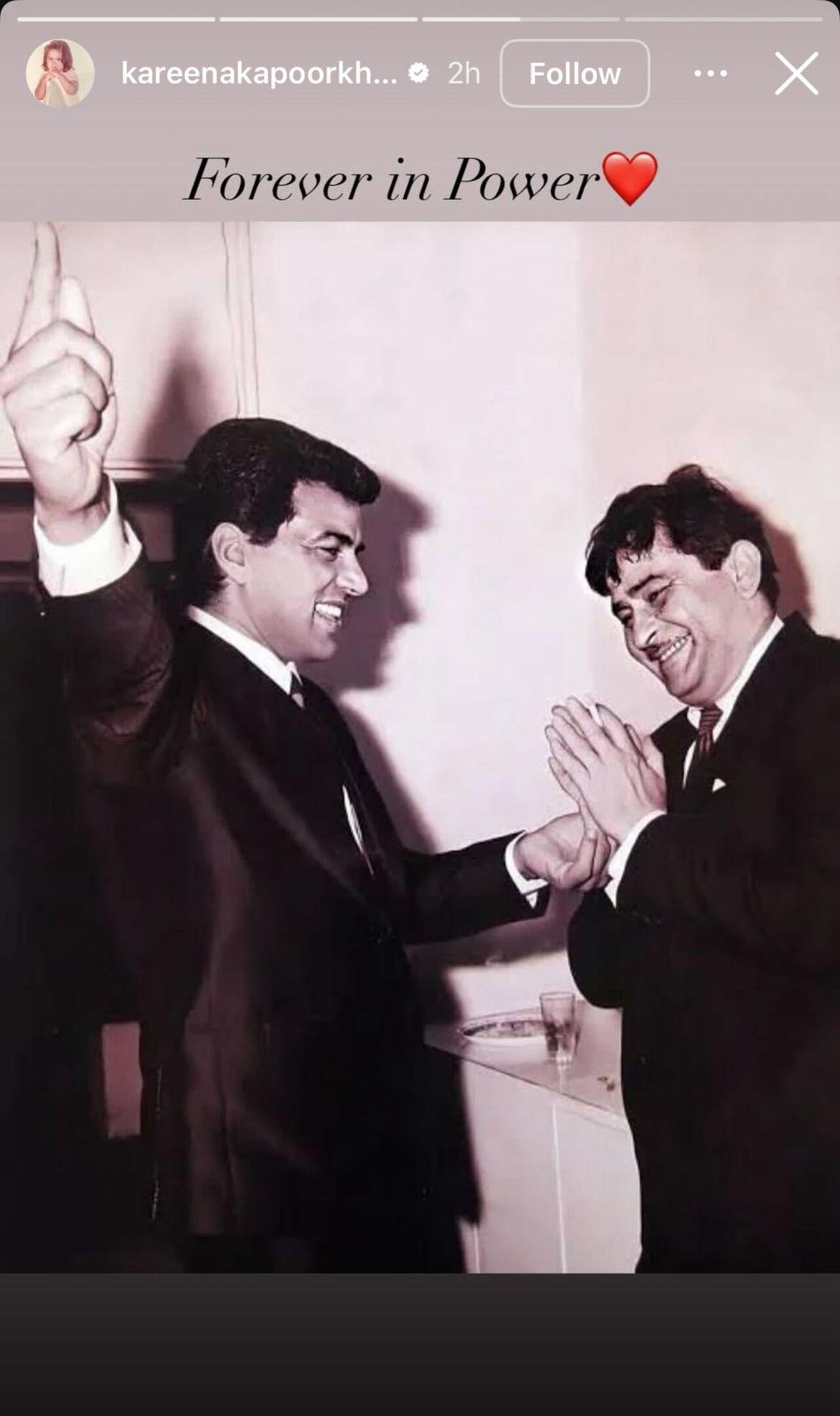 Actress Kareena Kapoor Khan joined the industry in mourning Dharmendra’s passing, sharing a vintage photograph of the legendary actor with her late grandfather Raj Kapoor. She then shared a happy picture featuring Dharmendra and Raj Kapoor greeting each other with a big smile. For the caption, she wrote: “Forever in power”.